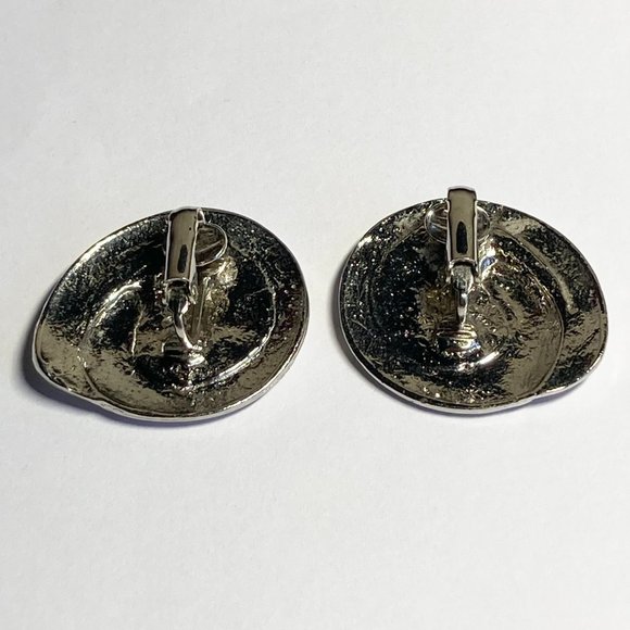 Vintage Cream Enamel Swirl Clip On Earrings 80s 90s Silver Rhodium Plated - Picture 7 of 10